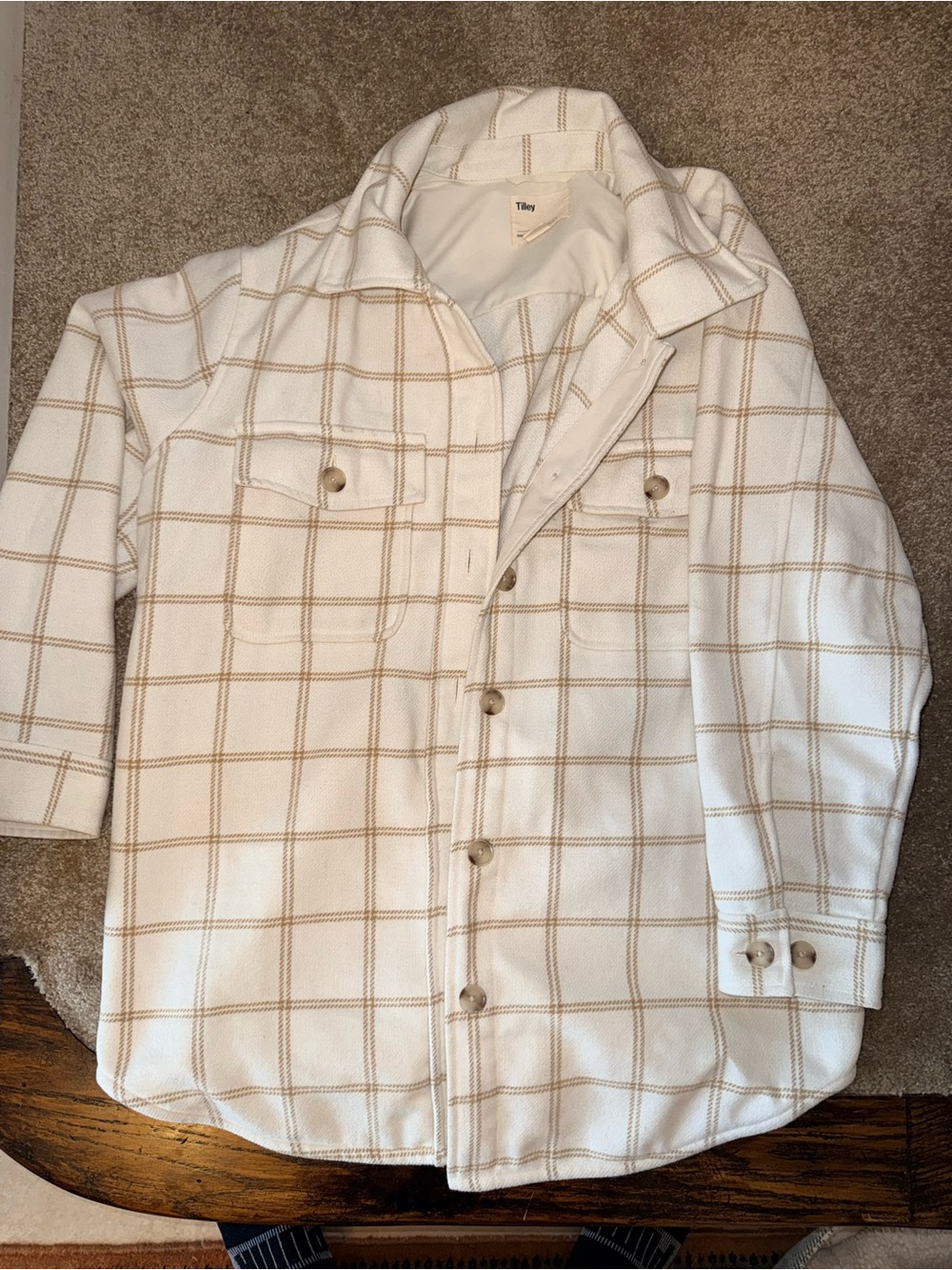 Tilley Cream Beige Plaid Oversized Shacket Shirt Jacket XL